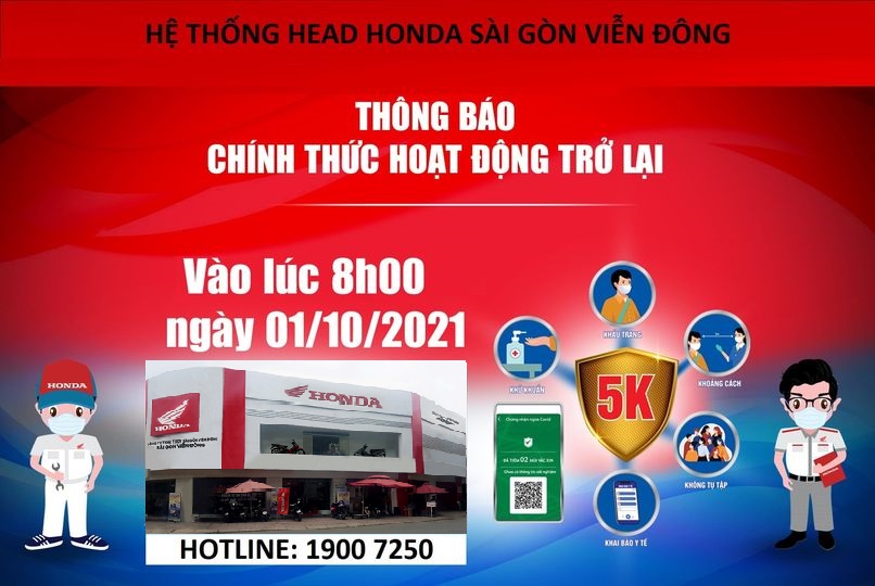 THÔNG BÁO NGÀY 01/10/2021 HỆ THỐNG HEAD HONDA SÀI GÒN VIỄN ĐÔNG CHÍNH THỨC HOẠT ĐỘNG TRỞ LẠI !